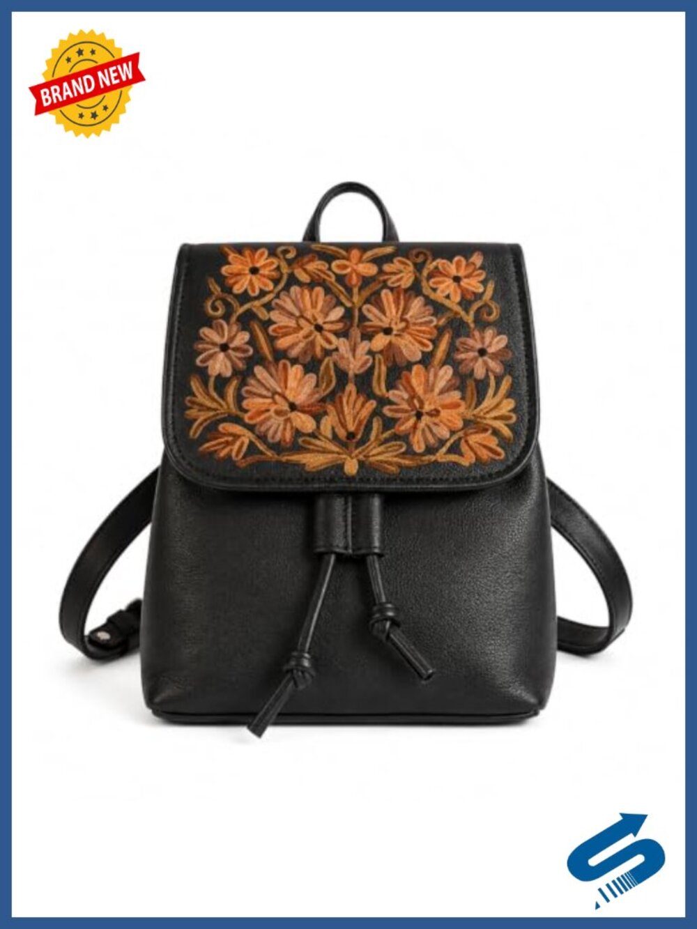 Genuine Leather Floral Embroidered Drawstring Backpack Purse with Adjustable